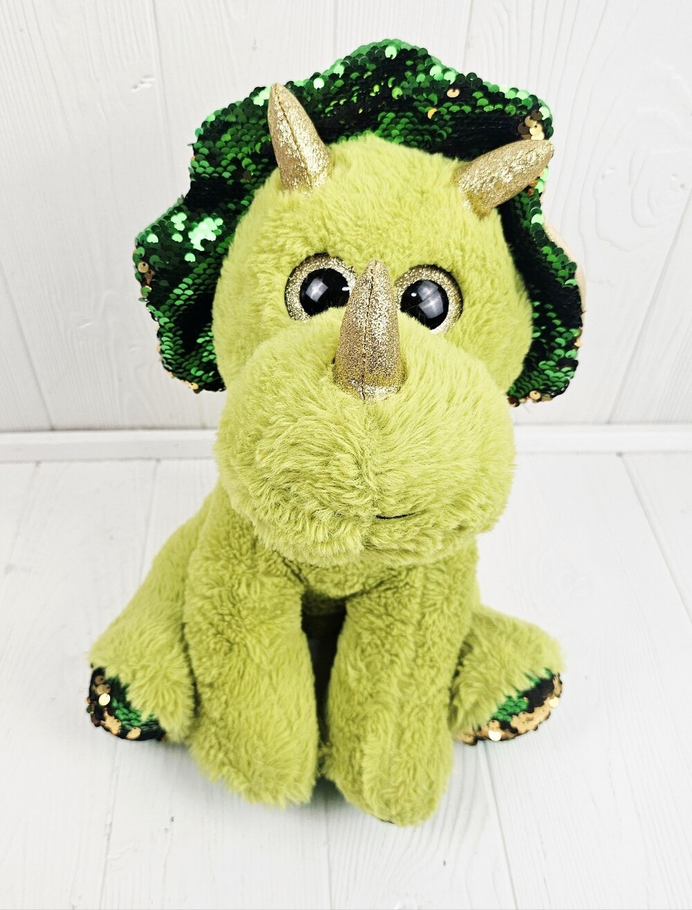 Holiday Time Green Dinosaur Flip Sequin Sparkle Eyes Plush Stuffed Animal Toy